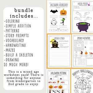 May include: A Halloween-themed worksheet bundle with various activities, including coloring, mazes, and story prompts. The pack is designed for mixed ages, from kindergarten to 2nd grade. The worksheets feature Halloween vocabulary and patterns.