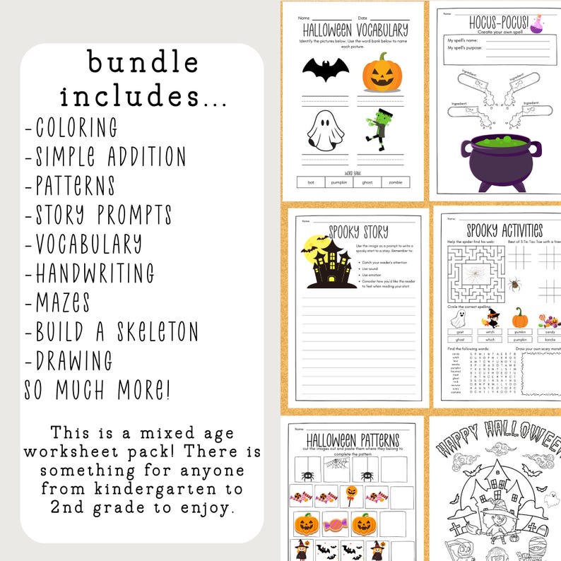 May include: A Halloween-themed worksheet bundle with various activities, including coloring, mazes, and story prompts. The pack is designed for mixed ages, from kindergarten to 2nd grade. The worksheets feature Halloween vocabulary and patterns.
