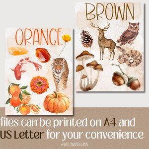 May include: Two watercolor art prints with the words "ORANGE" and "BROWN". The "ORANGE" print features a koi fish, tiger, oranges, and a pumpkin. The "BROWN" print shows a deer, owl, pinecone, and mushrooms. The prints are available in A4 and US Letter sizes.