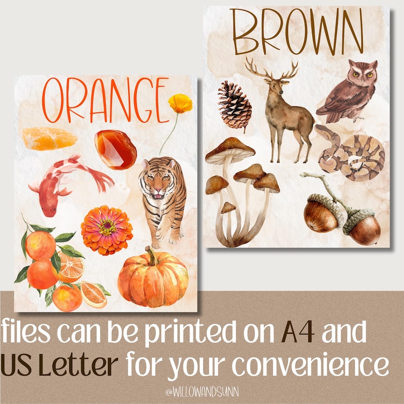 May include: Two watercolor art prints with the words "ORANGE" and "BROWN". The "ORANGE" print features a koi fish, tiger, oranges, and a pumpkin. The "BROWN" print shows a deer, owl, pinecone, and mushrooms. The prints are available in A4 and US Letter sizes.