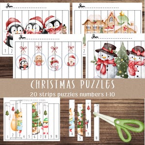 Peut inclure: Des puzzles de Noël sur papier, avec des images de pingouins, de bonhommes de neige et d'ornements. Les puzzles sont en forme de bandes, numérotées de 1 à 10. Le texte "CHRISTMAS PUZZLES" est visible. Une paire de ciseaux verts est également présente.