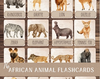 Safaridjur-flashkort för barn: 16 Montessori-akvarellfärgade afrikanska djur-flashkort