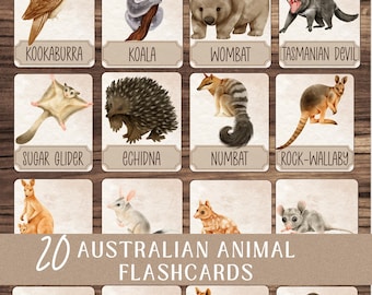 Tarjetas didácticas de animales australianos: Aprendizaje con acuarela Montessori (PDF)