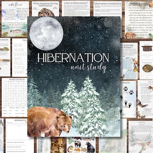 Pode incluir: Uma coleção de materiais educativos com um tema de aquarela. A imagem central apresenta um urso, árvores nevadas e uma lua cheia, com o texto "HIBERNATION unit study". As páginas circundantes cobrem o vocabulário da hibernação, rastros de animais e fatos sobre animais de inverno.