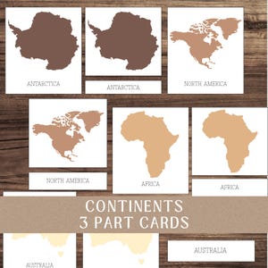 May include: Educational cards displaying continent outlines in brown and tan hues. Each card shows a continent's shape with its name underneath. The cards are arranged on a wooden surface, with the title "Continents 3 Part Cards" visible.