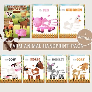 Könnte beinhalten: Ein Set mit Handabdruck-Kunstprojekten für Bauernhoftiere. Das Paket enthält ein Buch und einzelne Karten mit einem Schwein, Huhn, Kuh, Pferd, Esel und einer Ziege. Jedes Tier wird mit Handabdrücken erstellt und enthält den Text "I see a".