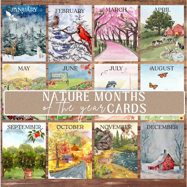 Akvarellkort med årets månader: Naturdekorationer för klassrummet (utskrivbar PDF)
