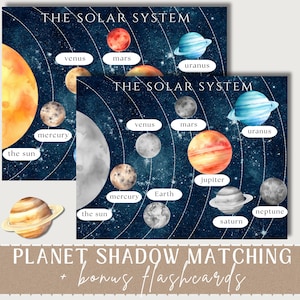 Puede incluir: Imprimibles educativos con ilustraciones de acuarela de planetas y el sol sobre un fondo azul oscuro estrellado. Se incluye el texto "THE SOLAR SYSTEM" y los nombres de los planetas. El conjunto incluye "PLANET SHADOW MATCHING + bonus flashcards".