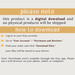 May include: A digital download product notice with instructions on how to download files from Etsy. The text includes steps to access purchases and download files, with a note about using a web browser.