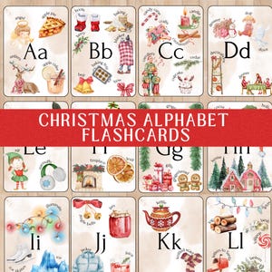 May include: Christmas alphabet flashcards featuring watercolor illustrations of festive items like a gingerbread man, a decorated kettle, and a cozy blanket. Each card displays a letter and a corresponding word, perfect for holiday learning.