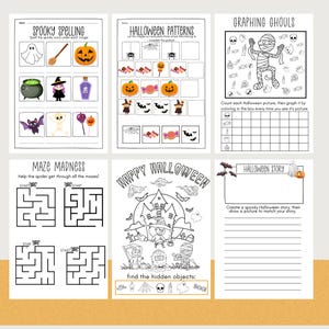May include: A collection of Halloween-themed activity pages. The pages include activities such as spelling, pattern recognition, graphing, mazes, and creative writing prompts. The pages feature illustrations of pumpkins, ghosts, witches, and other spooky elements.