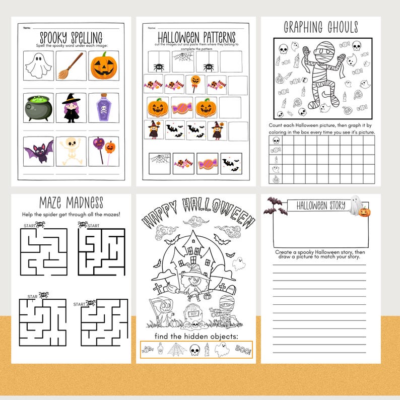 May include: A collection of Halloween-themed activity pages. The pages include activities such as spelling, pattern recognition, graphing, mazes, and creative writing prompts. The pages feature illustrations of pumpkins, ghosts, witches, and other spooky elements.