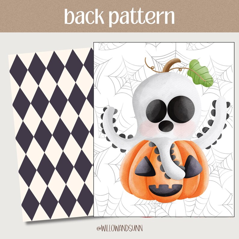 May include: Halloween-themed illustration featuring a white ghost character emerging from an orange pumpkin. The background has a spiderweb design. The left side shows a pattern of black diamonds on a cream background. Text reads "back pattern".