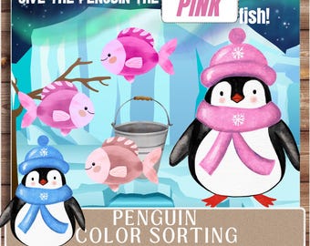 以下が含まれることがあります： ペンギンとピンクの魚が登場する子供向けの教育イラスト。画像には「Give the penguin the pink fish!」と「Penguin Color Sorting」というテキストが含まれています。ペンギンは帽子とスカーフを着用しています。