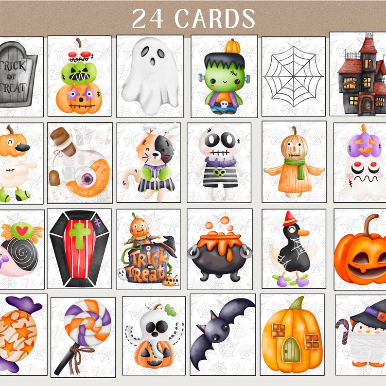 May include: A set of 24 Halloween-themed cards with various illustrations. The cards feature images of a tombstone, ghost, Frankenstein's monster, spider web, haunted house, pumpkin, cat, skeleton, cauldron, bat, and more. The text "24 CARDS" is at the top.
