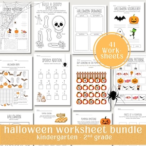 May include: A collection of 41 Halloween-themed worksheets for kindergarten and 2nd grade. The pages feature activities like spooky mazes, drawing prompts, vocabulary, and math problems. Includes images of pumpkins, bats, and spiders.