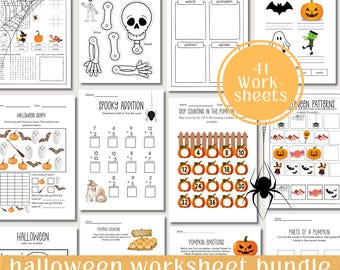 May include: A collection of 41 Halloween-themed worksheets for kindergarten and 2nd grade. The pages feature activities like spooky mazes, drawing prompts, vocabulary, and math problems. Includes images of pumpkins, bats, and spiders.