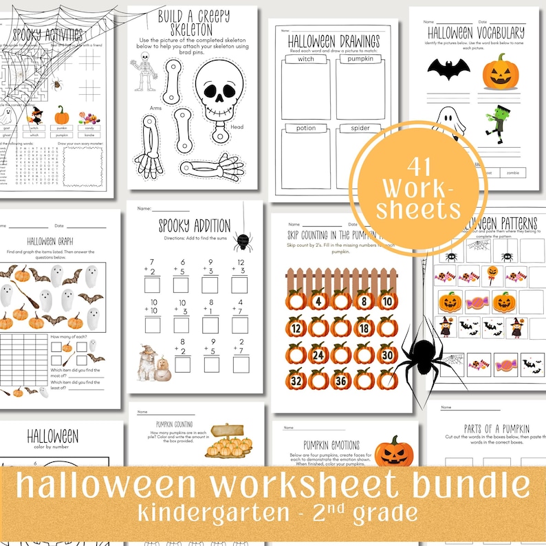 May include: A collection of 41 Halloween-themed worksheets for kindergarten and 2nd grade. The pages feature activities like spooky mazes, drawing prompts, vocabulary, and math problems. Includes images of pumpkins, bats, and spiders.