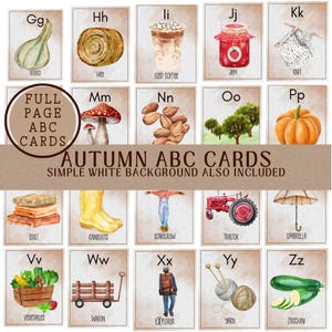 May include: A set of watercolor autumn-themed ABC flashcards. Each card features a letter and a corresponding image, such as a gourd, hay, iced coffee, jam, and knit. The cards are labeled "Autumn ABC Cards" with a simple white background.