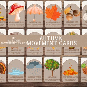 Op de afbeelding: Een set van 24 Herfst Bewegingskaarten met illustraties van seizoensgebonden activiteiten. Elke kaart toont een andere activiteit, zoals 'Mushroom Pop-Up' en 'Jump in the Leaves'. De kaarten zijn ontworpen voor beweging en spel.