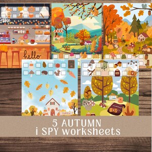 Könnte beinhalten: Fünf Arbeitsblätter "Ich sehe was, was du nicht siehst" zum Thema Herbst. Die Illustrationen zeigen herbstliche Szenen, darunter ein Café und Landschaften. Jedes Arbeitsblatt hat ein Raster zum Zählen von Objekten. Der Text "5 AUTUMN i SPY worksheets" steht unten.