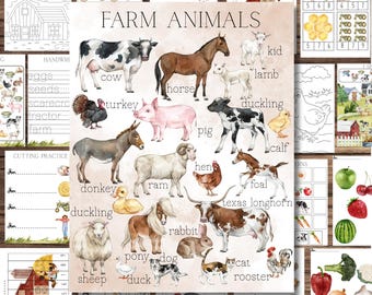 Farm Activity Worksheet Bundle: Pre-K Learning, Farm Animal Theme (PDF Printable)