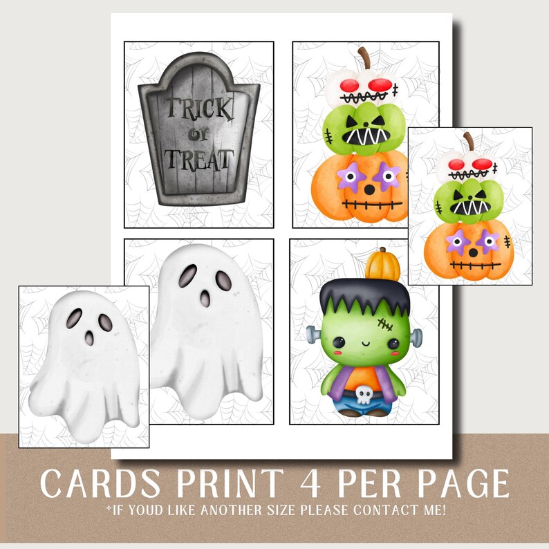 May include: Halloween-themed cards featuring a tombstone with "Trick or Treat" text, stacked pumpkins, ghosts, and a Frankenstein's monster illustration. The cards are printed on a white background with a spiderweb design. The text "CARDS PRINT 4 PER PAGE" is also visible.
