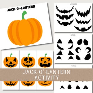 Puede incluir: Una calabaza naranja brillante con un tallo verde se muestra en una tarjeta blanca, con el texto "JACK-O'-LANTERN" encima. Debajo, se muestran tres pequeñas calabazas con caras talladas. Tarjetas adicionales muestran formas de boca, ojos y nariz.
