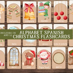 May include: A set of Spanish Christmas flashcards with illustrations and text. The cards feature festive images like a scarf, bell, elf, ornaments, and Santa Claus. The text on the cards includes Spanish words like "bufanda" and "campana."