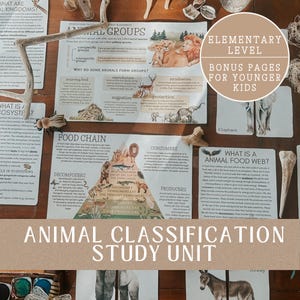 May include: Educational study unit on animal classification. The image shows several educational posters with text and illustrations about animal groups, food chains, and ecosystems. Includes bonus pages for younger kids.