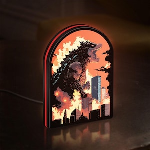 3D-geprint godzilla-nachtlampje, gloeiende Kaiju-aanvalsbak, ledlamp anime monster stadsgezicht, scifi-kamerdecor en verzamelcadeaus