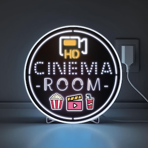 Cinema Room Cutout-style LED Lightbox with Personalized Name, Rustic Wall or Tabletop Theater Decor, Gift for Movie Night Hosts