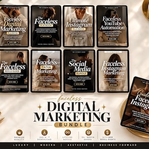 May include: A digital marketing bundle featuring nine e-book covers with titles like Faceless Digital Marketing, The Faceless Playbook, Ultimate Instagram Playbook, Faceless YouTube Automation, Faceless Reels Guide, TikTok Marketing, and Social Media Bundle.