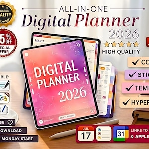 Puede incluir: Planificador digital para 2026 en tabletas y teléfono. Incluye cubiertas, pegatinas, plantillas e hipervínculos. También se ve una taza de café, un bolígrafo y un libro. El texto dice "All-in-One Digital Planner 2026".