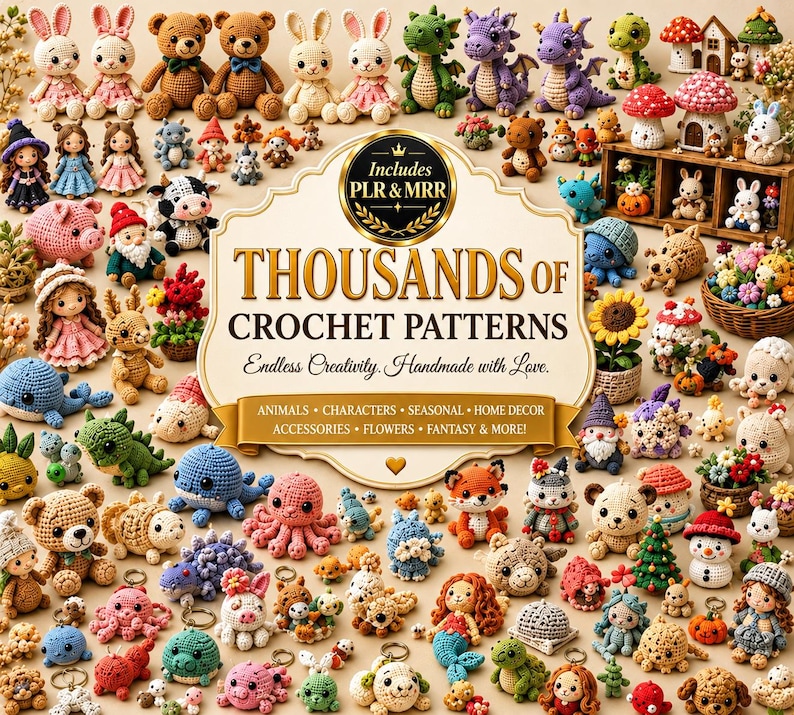 Mega crochet patterns bundle PDF featuring 10000+ amigurumi and crochet patterns, cute animal plushies, beginner-friendly projects, and printable designs.
