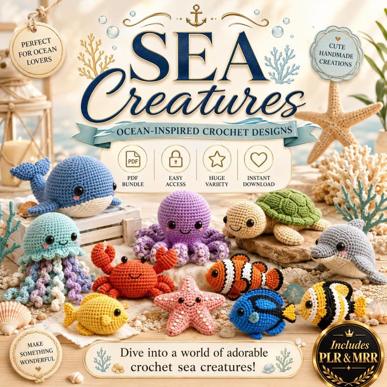 Animal amigurumi crochet PDF collection with detailed patterns for cute bunnies, bears, cats, dinosaurs, sea creatures, and plush crochet toys.