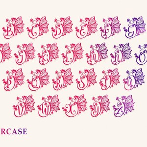 Elegant butterfly monogram typeface with graceful script lettering and ornamental floral details, designed for luxury stationery, personalized initials, wedding paper goods, branding, packaging, and sophisticated feminine projects.