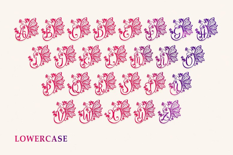 Elegant butterfly monogram typeface with graceful script lettering and ornamental floral details, designed for luxury stationery, personalized initials, wedding paper goods, branding, packaging, and sophisticated feminine projects.