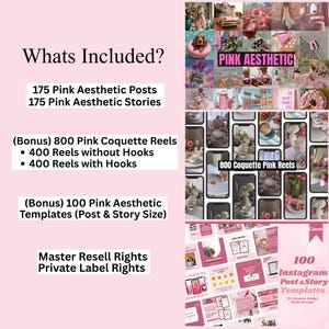 Pink aesthetic stock photos bundle mockup featuring feminine Instagram posts and stories templates, soft pastel branding visuals, Canva editable PLR MRR content for bloggers, influencers, and small businesses