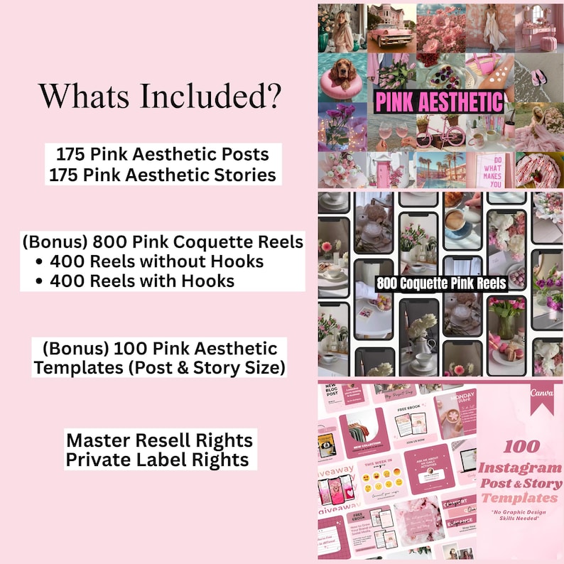 Pink aesthetic stock photos bundle mockup featuring feminine Instagram posts and stories templates, soft pastel branding visuals, Canva editable PLR MRR content for bloggers, influencers, and small businesses