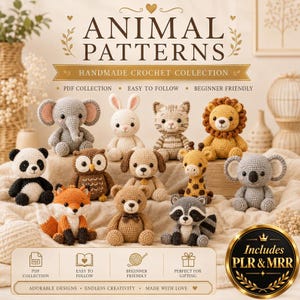 Digital crochet pattern bundle for creating adorable handmade gifts, plush animals, baby toys, keychains, seasonal decorations, and home decor.