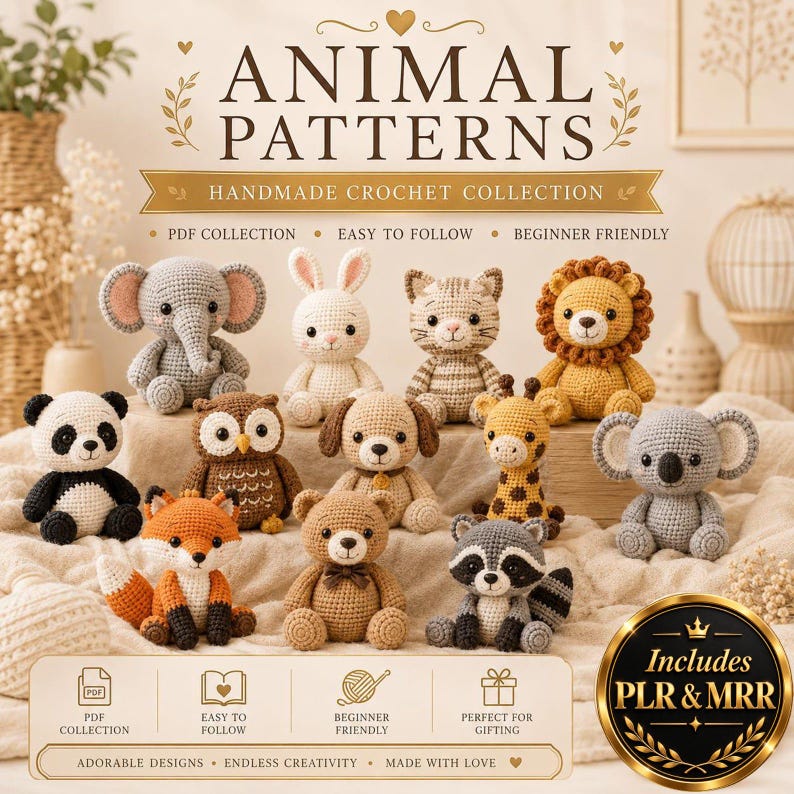 Digital crochet pattern bundle for creating adorable handmade gifts, plush animals, baby toys, keychains, seasonal decorations, and home decor.