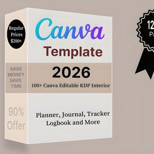 Può includere: Una scatola bianca con la scritta "Canva Template 2026" in verde acqua e viola. La scatola include anche la scritta "100+ Canva Editable KDP Interior" e "Planner, Journal, Tracker, Logbook and More". Un distintivo nero recita "12000+ Pagine".
