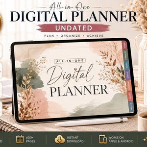 May include: A tablet displaying an undated all-in-one digital planner with a floral watercolor background. The screen shows text including All-in-One Digital Planner, 260+ stickers, 400+ hyperlinked pages, 6 covers, and compatibility with GoodNotes, Notability, Xodo, and Noteshelf.
