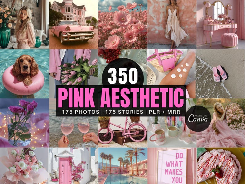 Pink aesthetic stock photos bundle mockup showing 350 feminine pink stock images and Instagram templates, Canva-editable PLR MRR digital product for branding, social media posts, and faceless content creation.