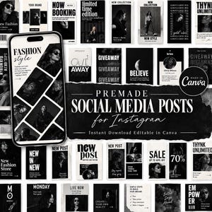 May include: A collection of black and white digital social media post templates for Instagram, featuring various layouts, typography, and photographic elements. The set includes text such as Fashion Style, Giveaway, New Post, Sale, and Made in Canva.