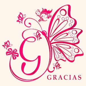 May include: A graphic design featuring a large, stylized hot pink letter G integrated with a detailed butterfly wing on the right side. Several smaller butterflies and swirling floral flourishes surround the letter. The word GRACIAS is printed below.