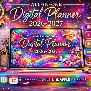 May include: A digital planner for 2026-2027 with a floral design, a stylus, and a calendar widget. The planner includes 130+ covers, 10,000+ stickers, 600 pages, and 4 themes. The image also shows a notebook, pens, and glasses.