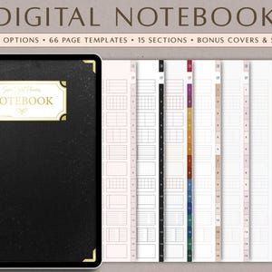 May include: A digital notebook with a black cover and gold accents. The notebook includes 8 color options, 66 page templates, 15 sections, and bonus covers and stickers. The notebook's title is displayed at the top of the image.