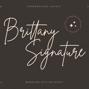 May include: A dark brown background featuring the light pink text Brittany Signature in a cursive script font. The words Modern, Introducing Lovely, Stylish, Elegant, Monoline Stylish Script, and Classy are printed in small white capital letters.